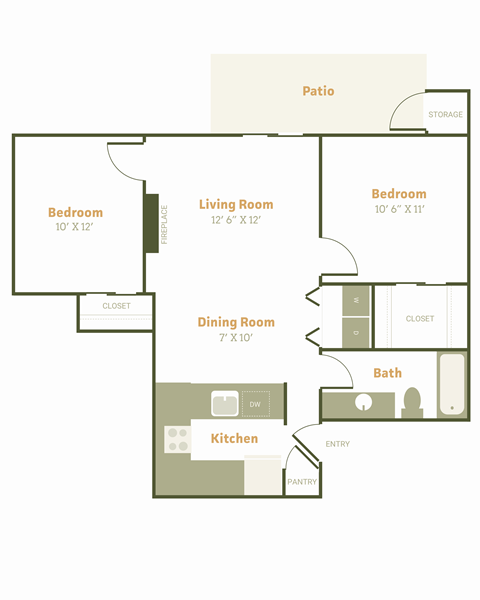 Floor plan for 2 beds, 1 bath, 918 sqft